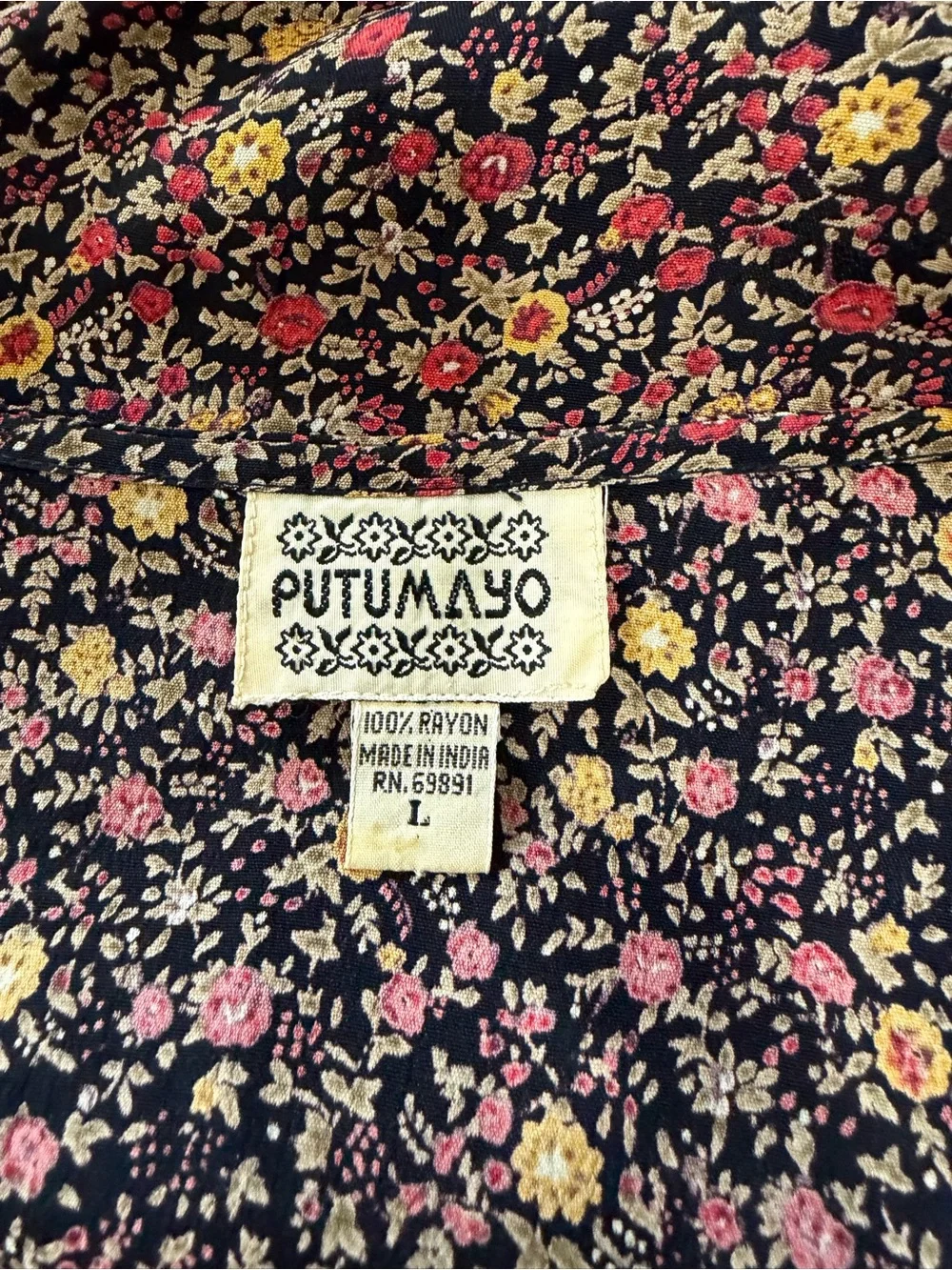 Vintage Putumayo Floral Long-Sleeve Button Front Dress in Brown
